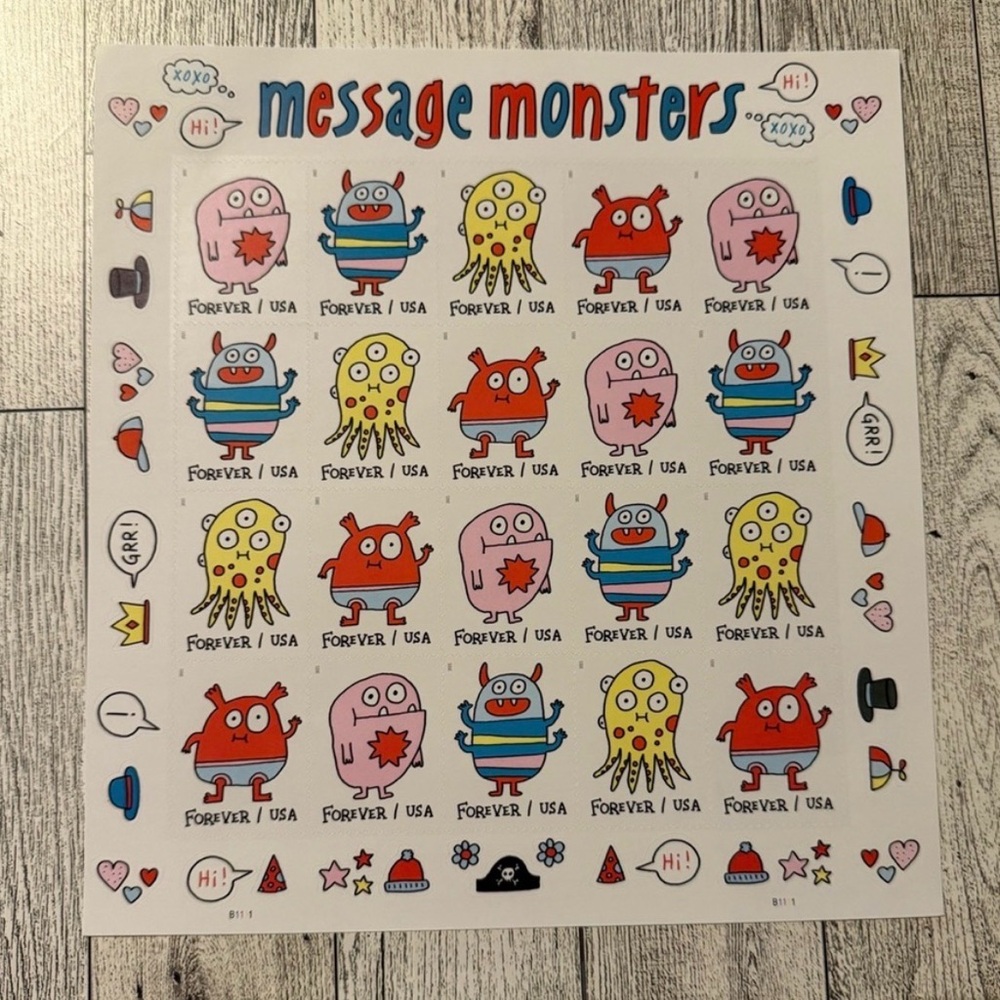 1 sheet Message Monsters Forever Stamps perfect for party invitations